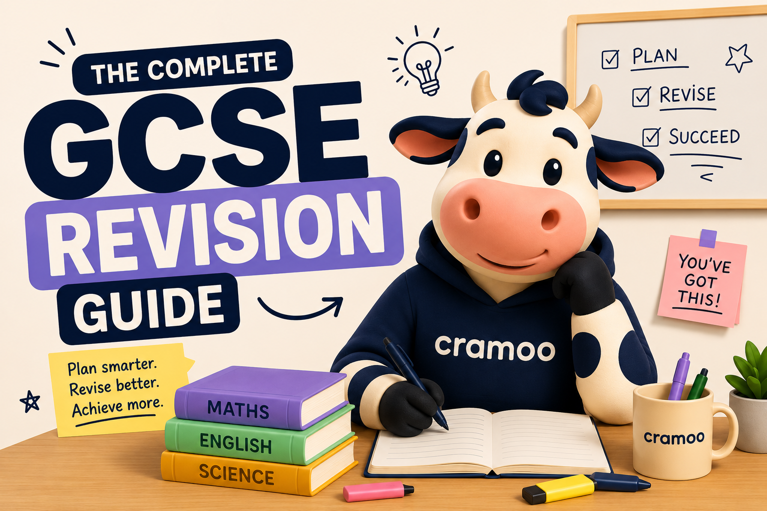 Illustrated Cramoo cow mascot studying at a desk with GCSE revision books and notes alongside the title 'The Complete GCSE Revision Guide', representing effective exam revision and study techniques.